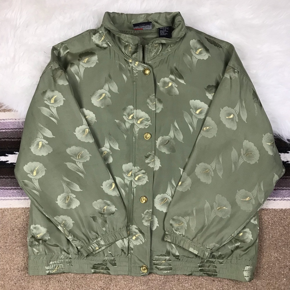 Vintage Mureli Silk Green Gold Bomber Jacket Large